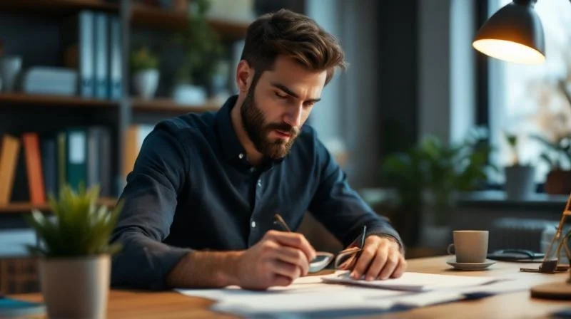Mann berechnet Foerderung am Schreibtisch in einem buero in NRW