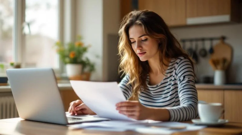 Frau in Hagen prueft Unterlagen fuer ihren Bildungsgutschein am Kuechentisch
