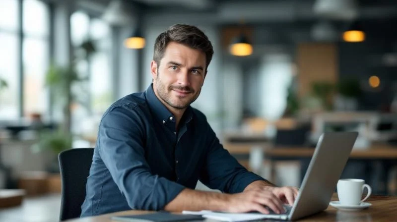 Mann mittleren Alters lernt konzentriert am Laptop in einem modernen Büro in Hagen