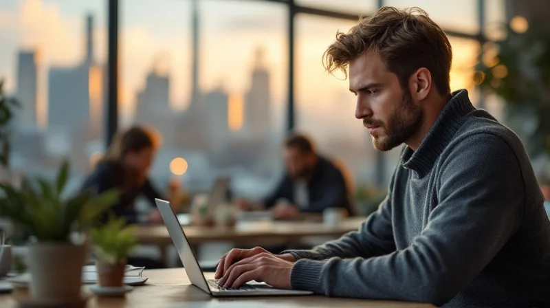 Hagener Angestellter im Coworking-Space mit Laptop, im Hintergrund Maschinenbau- und Logistikkulisse