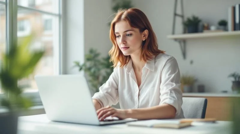 Frau lernt am Laptop in einem hellen Homeoffice in Hagen
