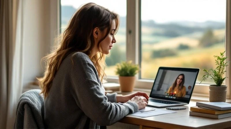 Quereinsteiger in Hagen lernt mit Laptop in einem Wohnzimmer mit Sauerland-Blick