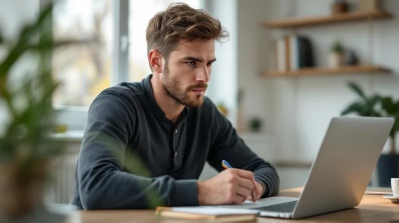 Mann in Hagen sitzt konzentriert am Schreibtisch und plant seinen beruflichen Neuanfang