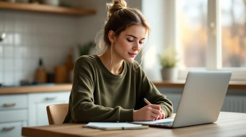 Frau lernt am Laptop in einem hellen Wohnzimmer in Hagen